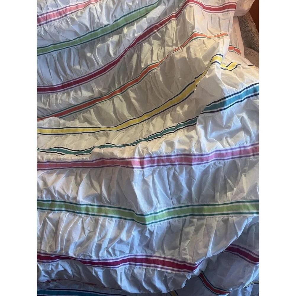 Pottery Barn White w Multicolor Ribbon Ruched Duvet Cover Full/Queen